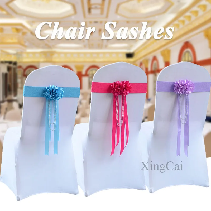 1Pcs Satin Ribbon Chair Sashes Hydrangea Flower Knot Belt Cover For Hotel Wedding Events Banquet Birthday Party Home Decorations