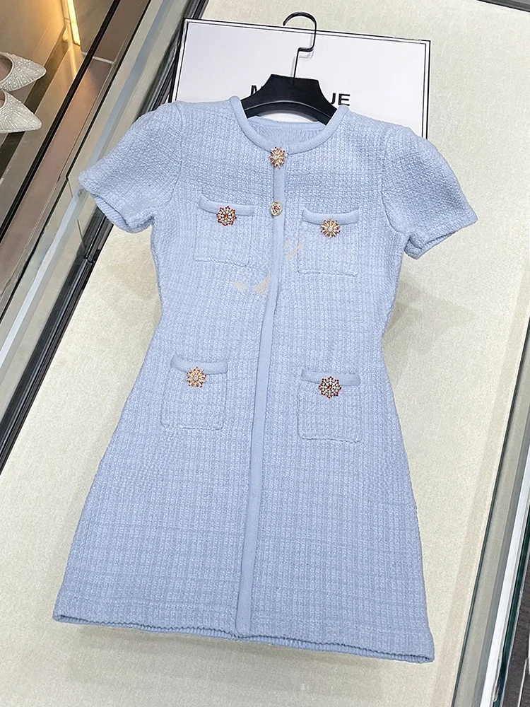 

High-End Women's Knitted Dr Slim Fit A-Line Skirt Light Blue Summer Faion Ele Sle Button Detail High Waist