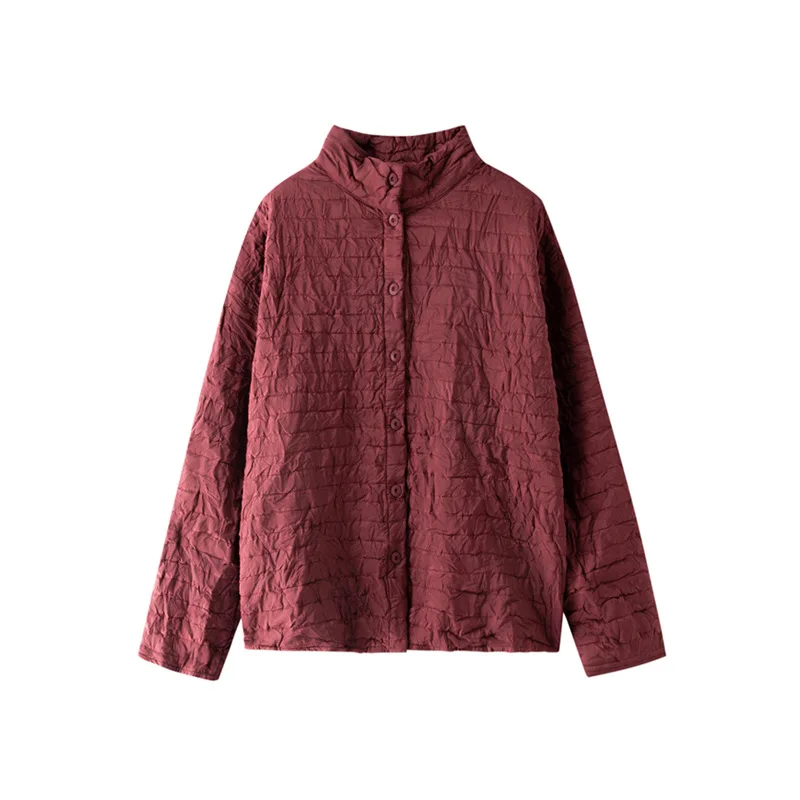 Kurtka bawełniana Miyake Design - jednolity kolor, prosty kołnierz stójka, zapinana na jeden guzik, luźna i uniwersalna, ciepła damska bluzka na zimę.