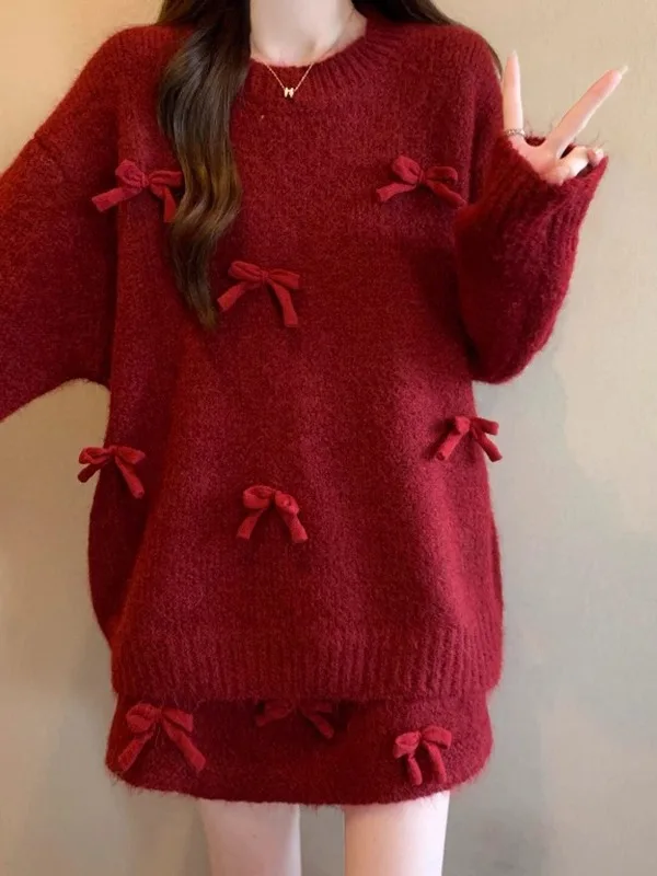 

Red 3D Knot Shoulder Sweater Women's Knitted Two-Piece Set Winter Commute Style Loose Fit Long Sleeve round Neck