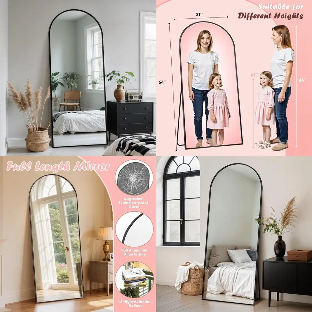 Large Arched Standing Mirror, 64 x 21 Full Length Floor Mirror for Home, Ideal for Bedrooms, Bathrooms, and Living Rooms in Blac