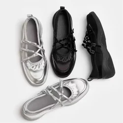 Silver Mary Jane Shoes for Women Sneakers Fashion Elegant Bow Cross Belt Buckle Casual  Soft Leather Platform Ballet Shoe