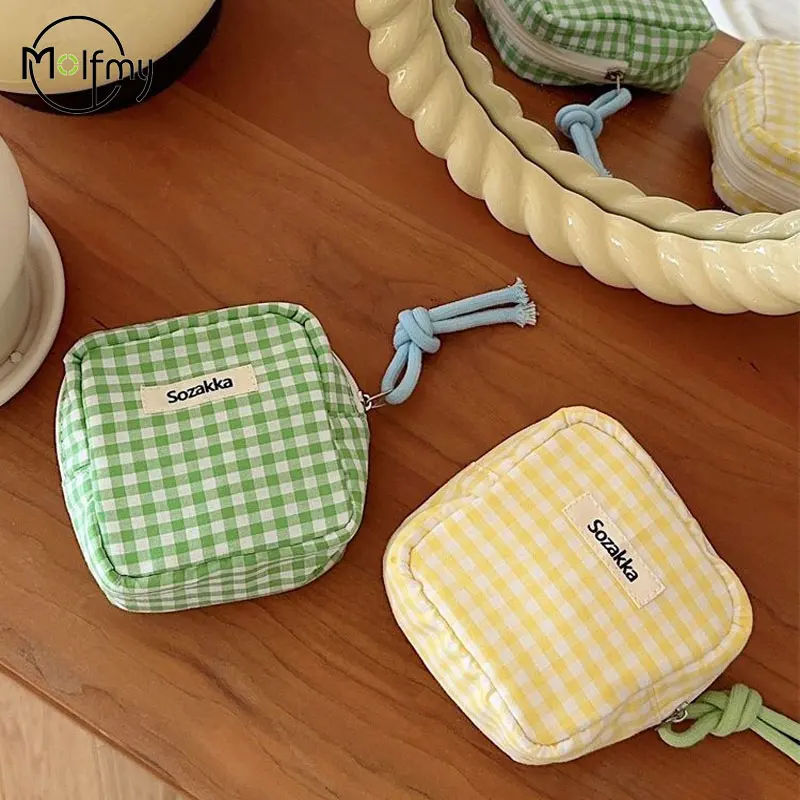 Mini bolsa de cosméticos a cuadros para maquillaje, Color caramelo, bolsas de almacenamiento de servilletas sanitarias, bolsa de tela de algodón,