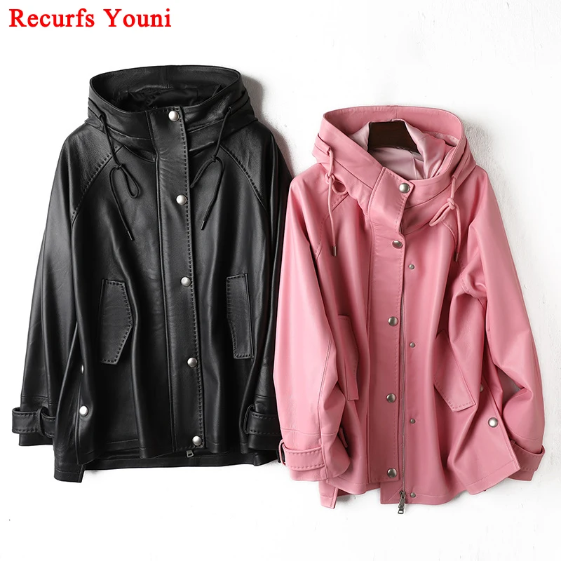 Leather Hooded Jacket For Women 2024 Autumn Winter 100% Sheepskin Loose Casual Windbreaker Chic Arch Needle Pink Outerwears