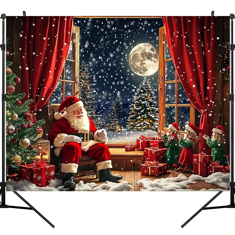 2D flat banner, 1 piece, a festive background of Santa Claus and Christmas tree, a festive home decoration banner