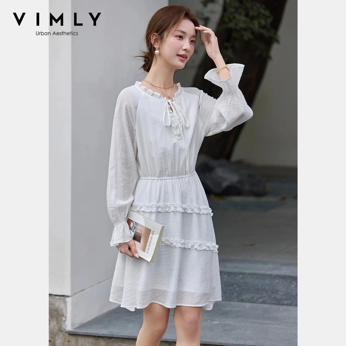 

VIMLY Women's White Dress 2026 Spring New French Ruffle Trim Stand Collar Asymmetrical Hem Fitted Waist Casual Mini Dress A6055