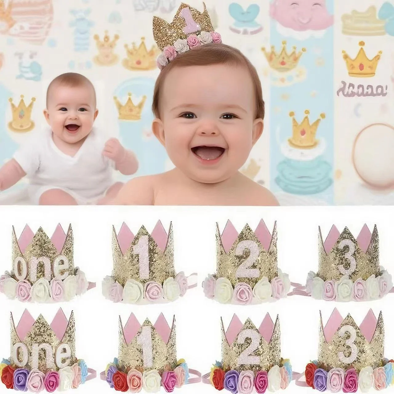 Baby-Geburtstagsdekoration, Mädchen, 1, 2, 3 Jahre, Krone, Hut, rosa, weiße Blume, Pailletten, Krone, 1. Geburtstag, Foto-Requisite, alles Gute zum Geburtstag, Geschenke