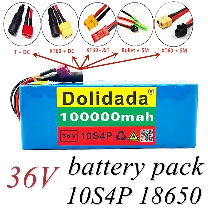 New Batterie Lithium 10S4P 36V 100Ah 18650 W Grande Capacité, Pour Vélo Et Trottinette Électrique Avec BMS Prise Personnalisable