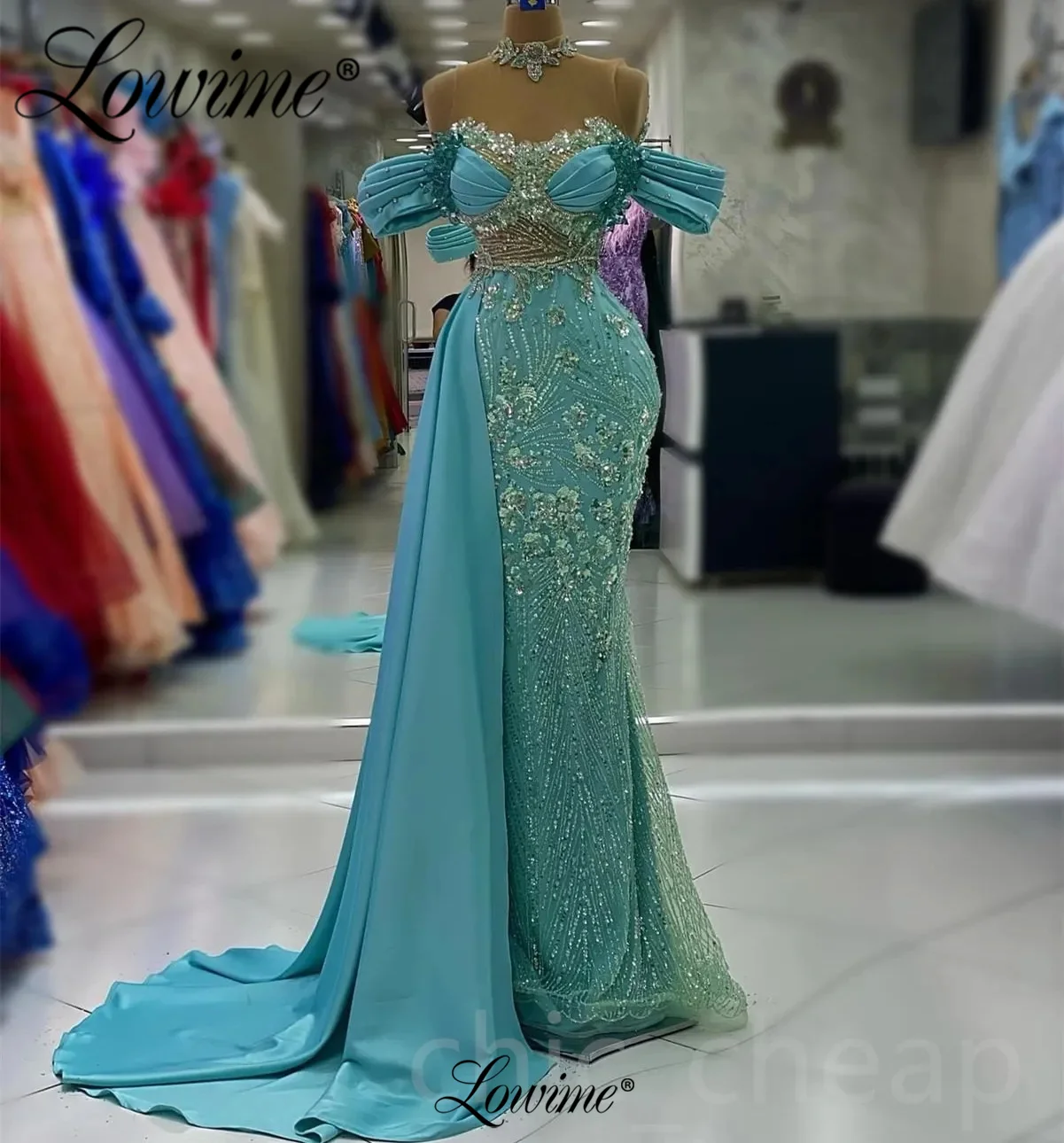 

Sky Blue Short Sleeves Long Wedding Party Dress Mermaid Sequins Crystal Arabic Evening Dresses Luxury 2023 Customize Prom Gowns