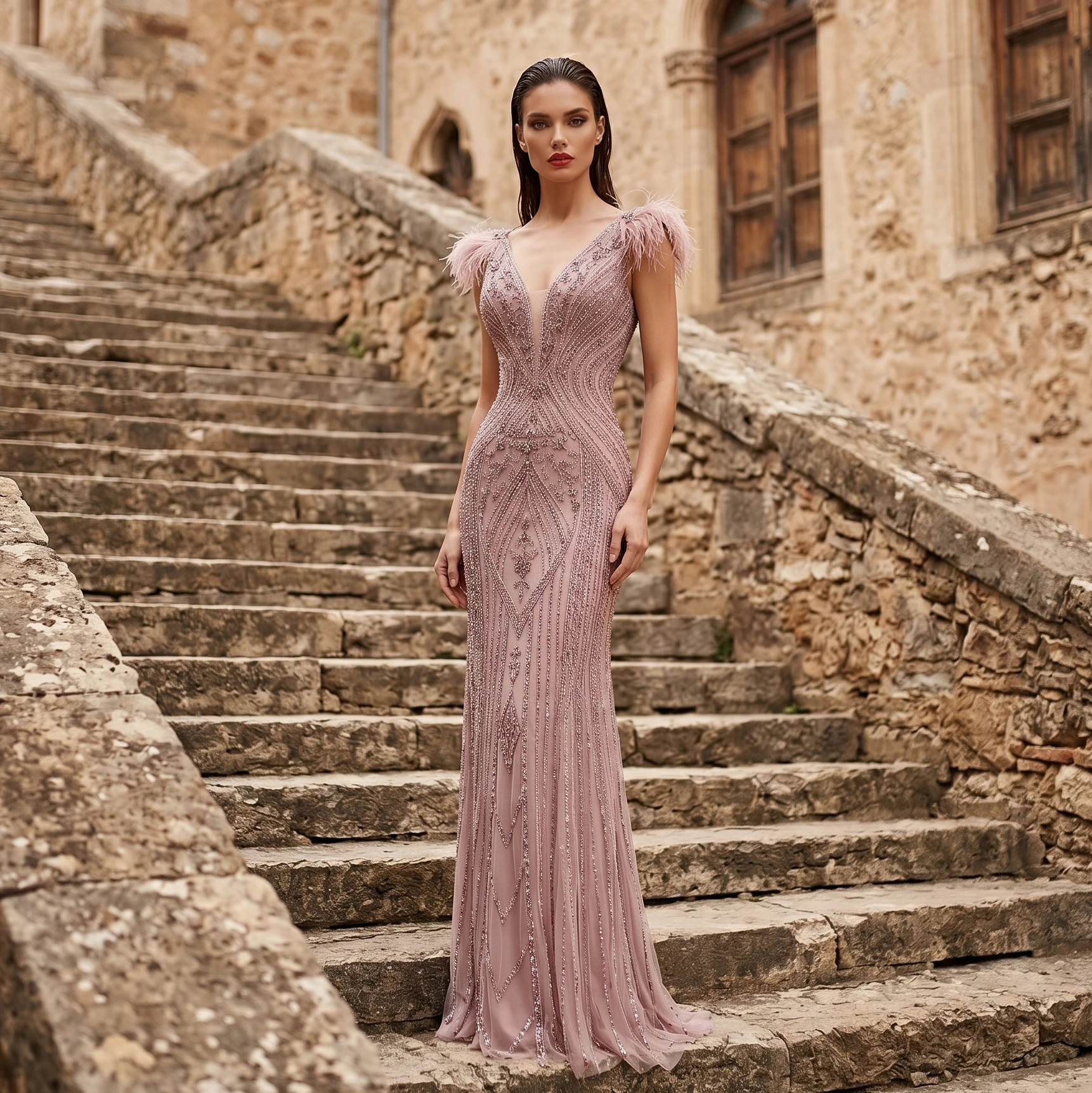 Sharon Said Beaded Mermaid Evening Dress V-Neck Champagne Pink