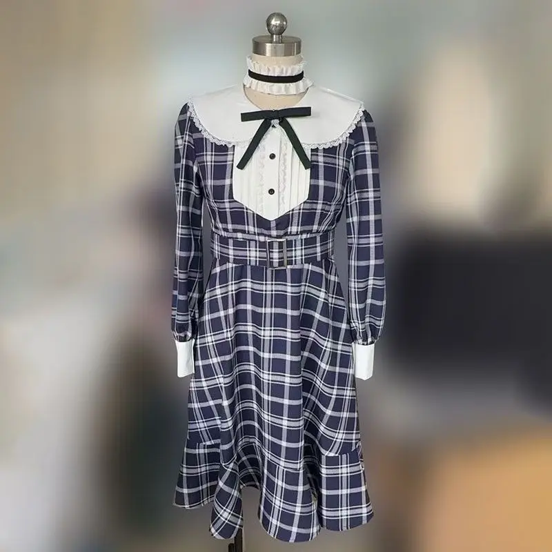 Japanische Gothic Lolita Kleid Frauen Kawaii Schleife Peter Pan Kragen Plaid Lange Kleider Weibliche Y2k Ästhetik Cosplay Prinzessin Kleider
