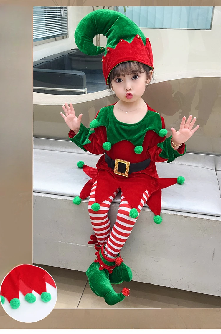 Kids Girls Boys Children Christmas Elf Costumes Cute Outfits Include  Shoes Hat Dress and Striped Socks Cosplay