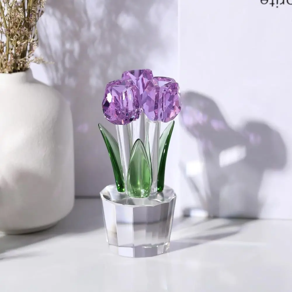 Romantic Crystal Tulip Sculpture Colorful Reflect Flower Figurine Ornament Crystal Crafts Exquisite Tulip Bouquet Statue Wife