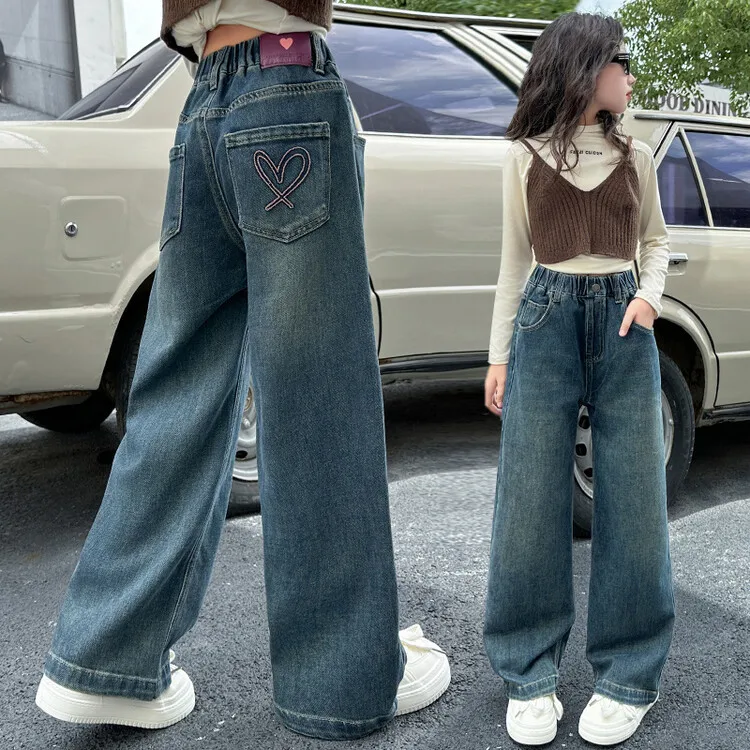Wide Leg Jeans for Girls Spring Autumn Loose Vintage Straight Retro Pants Fashion Teenage Kids Trousers 6 8 9 10 11 12 14 Years