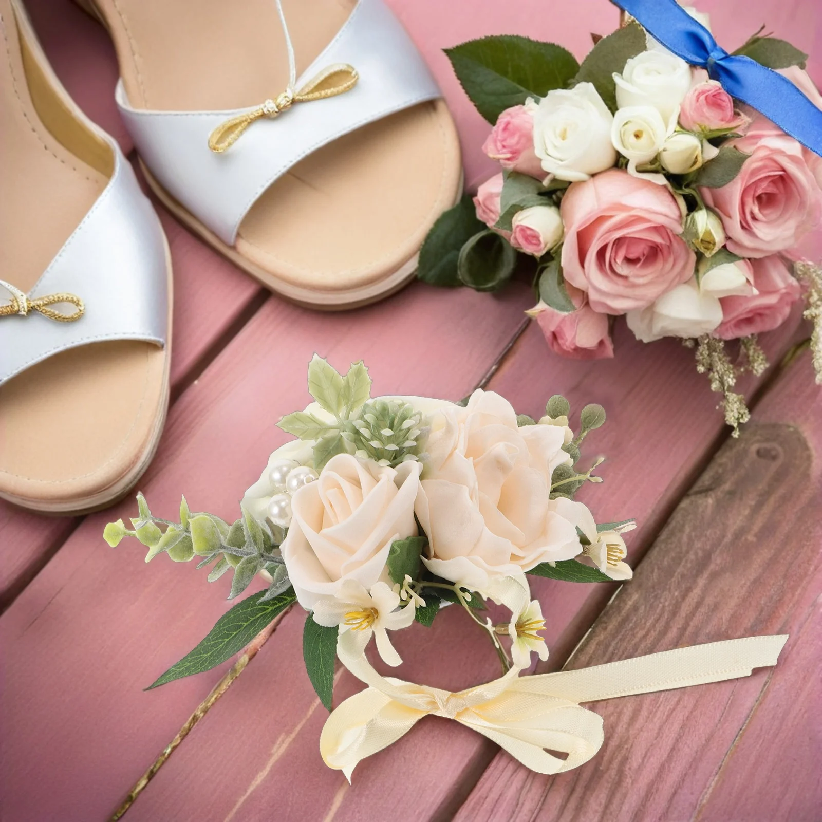 

Bride Wrist Corsage Artificial Silk Flower Elegant Floral Bracelet for Wedding Bridesmaid Prom Evening Party Decor