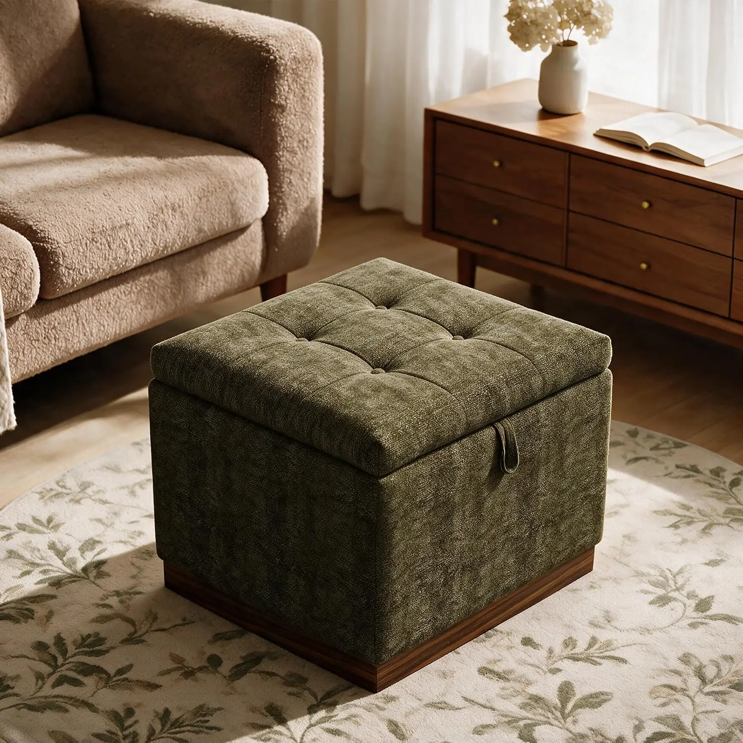 21.6'' Square Storage Ottoman with Reversible Tray, 19.8 Gal Hidden Tufted Linen Footrest for Living Room & Bedroom, Customized