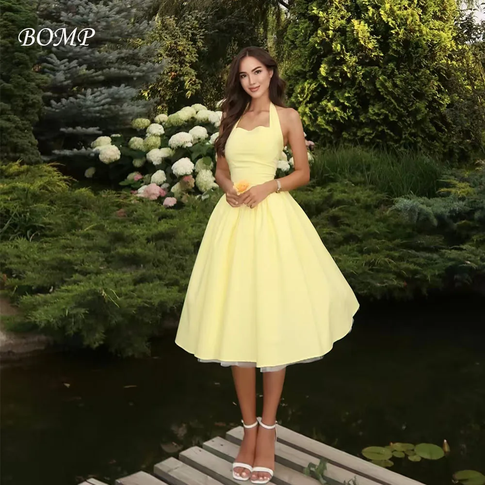 

BOMP Elegant Yellow Wedding Party Dress Halter Backless Draped Tea Length Satin Special Occasion Birthday Prom Gown Customized