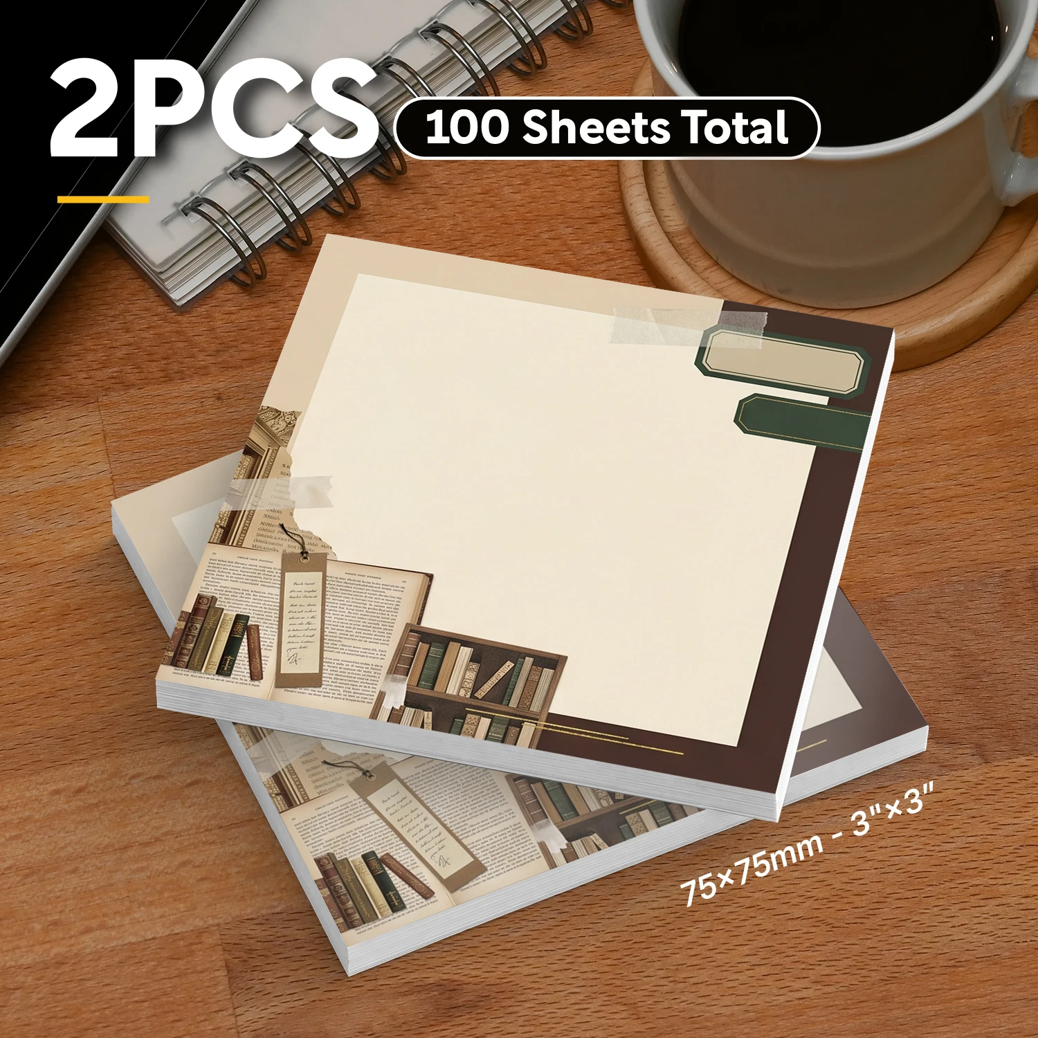 2pcs Vintage Library Sticky Notes, Book Reading Self-Adhesive Memo Pads, 100 Sheets Total, Aesthetic Study Removable Notes