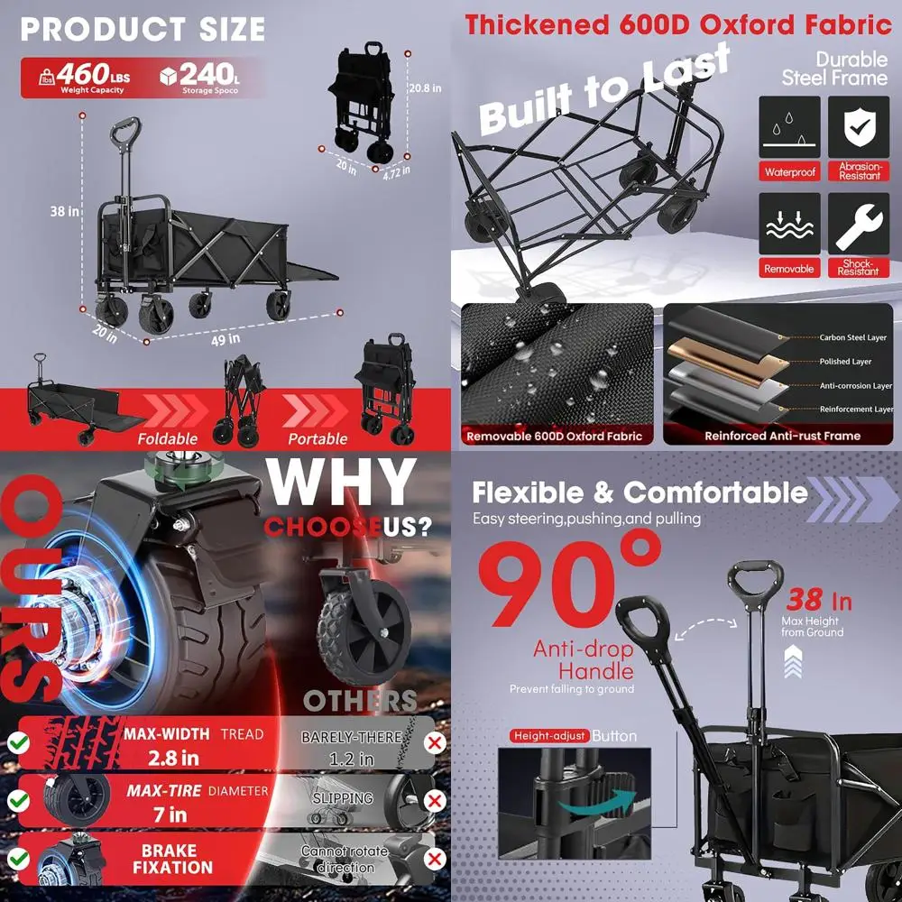 

Складная универсальная тележка с тормозами, емкостью 240 л, выдвижная, нагрузка 460 фунтов, вездеходные колеса для кемпинга, покупок, пляжа