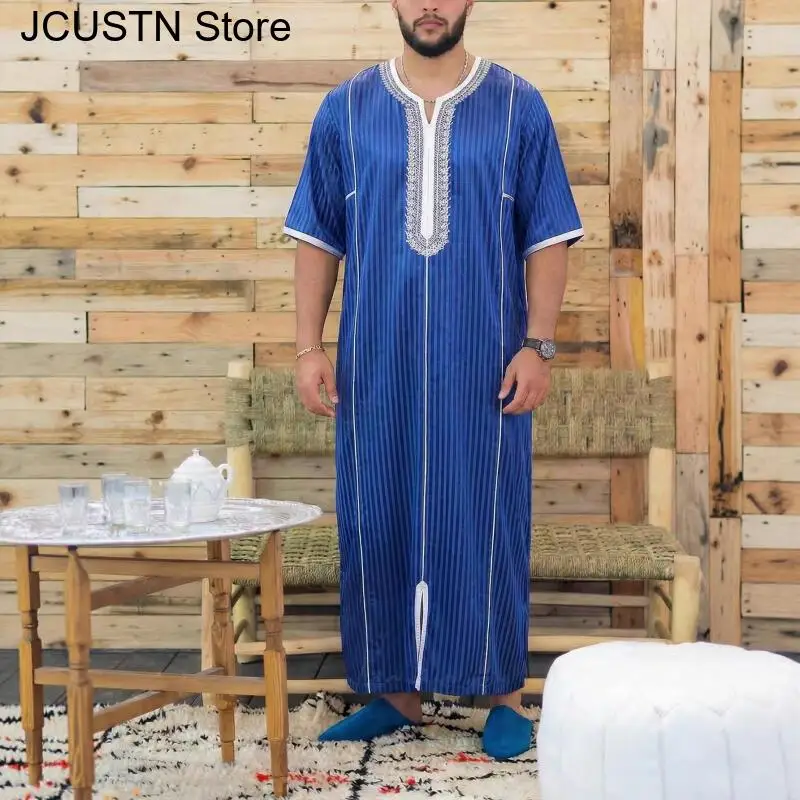 Men Islamic Kaftan Thobe Short Sleeve Striped Embroidery Long Robe Moroccan Arabic Dress Muslim Casual Abaya With Pockets