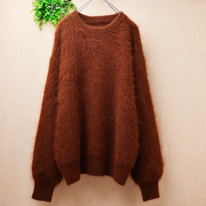 Female Women Autumn Winter Brown Hairy Mink Cashmere Knitted Long Sleeves O-Neck Loose Pullover Angora Fur Jumper Sweater Jumper