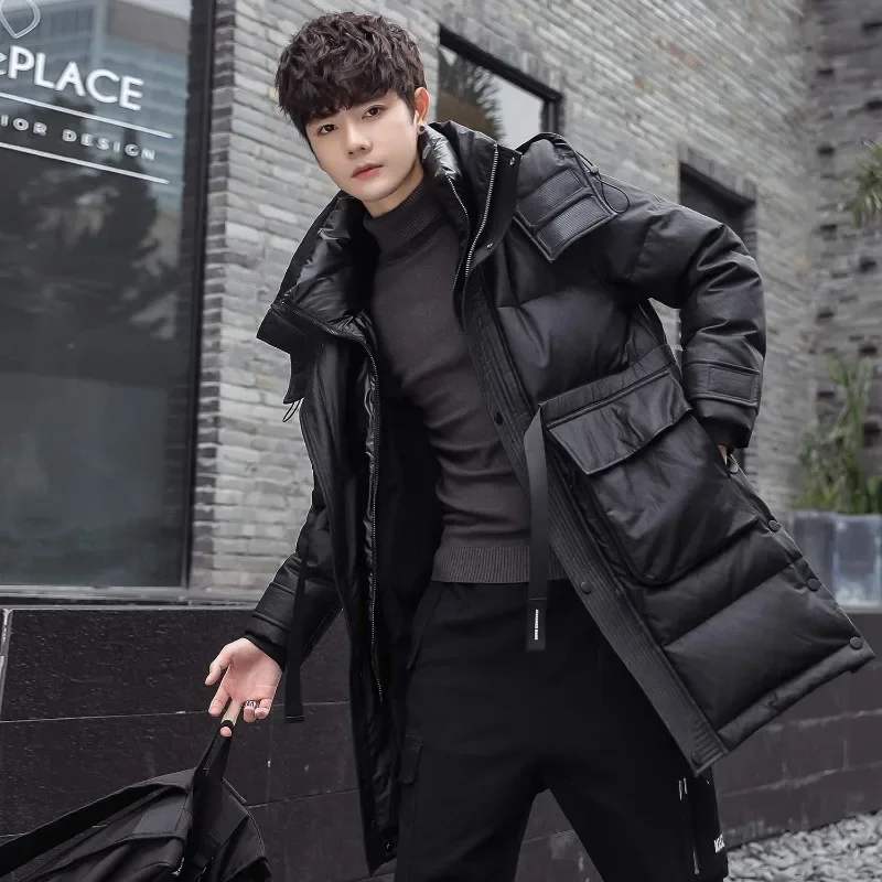 New Men Down Jacket Winter Coat Mid-length Loose Leisure Parkas Thicken Warm Trend Outwear Hooded Handsome Overcoat