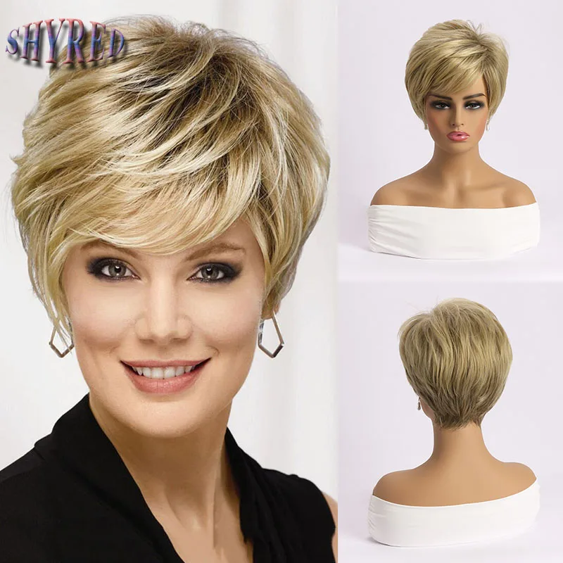 Short Pixie Cut Wig Blonde Synthetic Wigs with Side Bang Ombre Wig for Women Natural Curly Hair