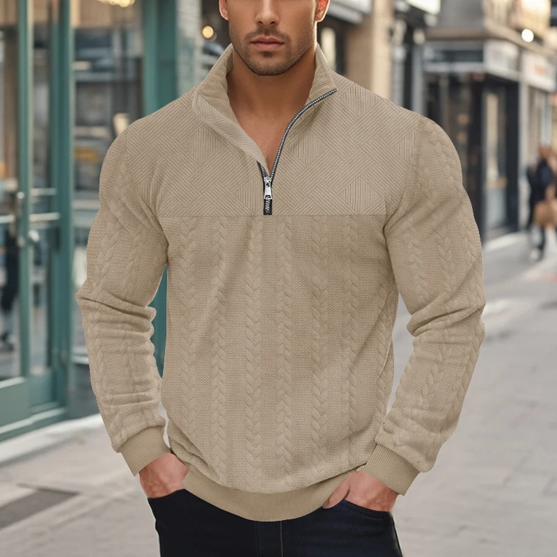 

Men's Solid Color Quarter Zipper Long Sleeved Stand Up Collar Pullover Half High Collar Knitted Lines Jacquard StreetWaer