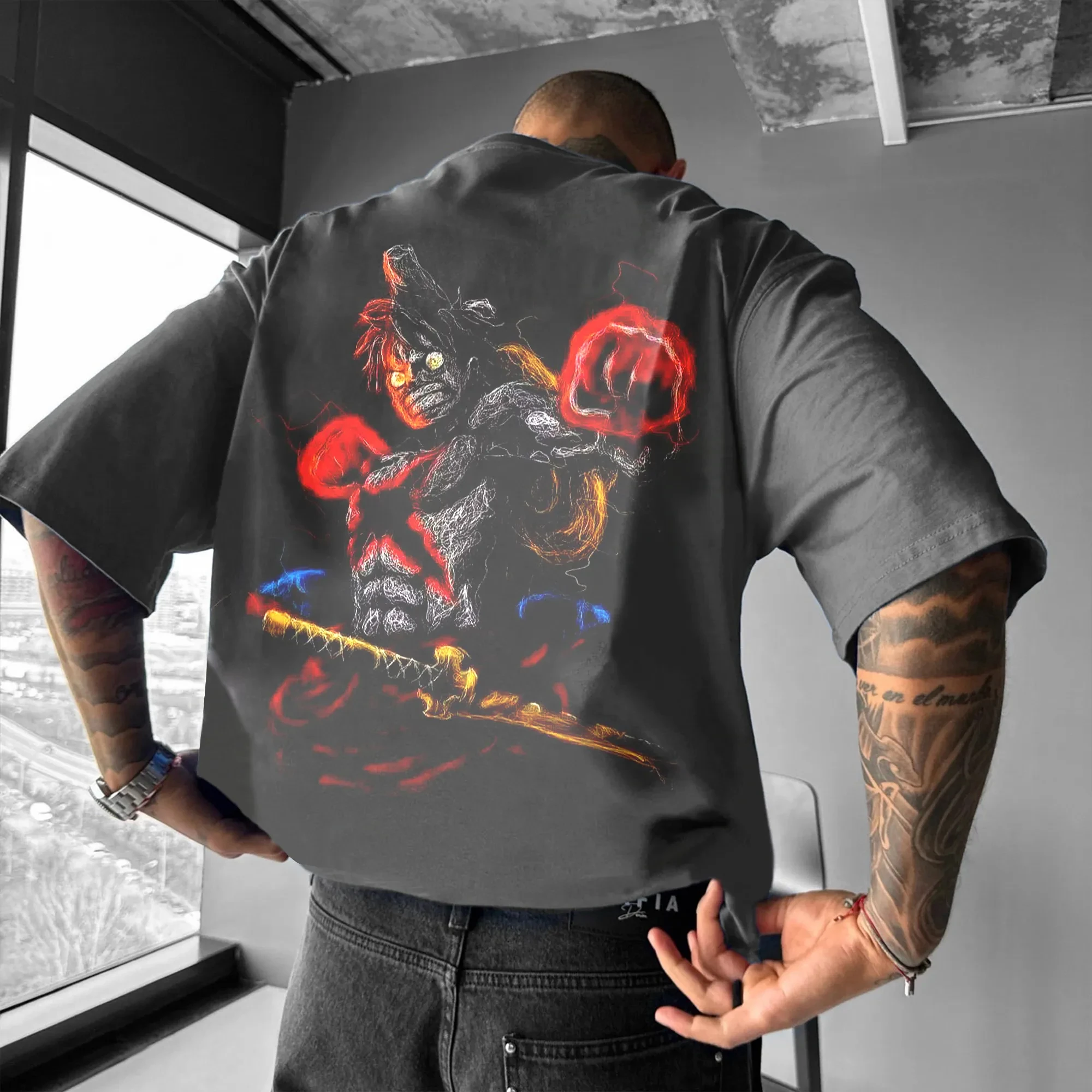 2025 One Piece Ruffy bedrucktes Baumwoll-Kurzarm-T-Shirt aus amerikanischer, lockerer, atmungsaktiver Sport-Rundhals-T-Shirt für Herren und Damen