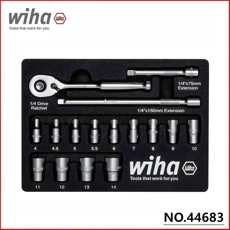 مجموعة مفاتيح ربط بسقاطة من WIHA 44683 مكونة من 16 قطعة مقاس 1/4 بوصة - 13 مقبسًا، وصلتان، 72 سنًا، تركيب احترافيًا