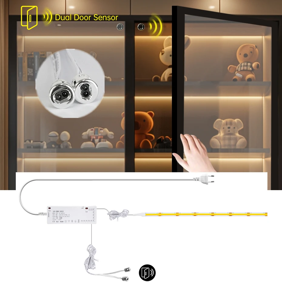 

Door Motion Sensor 24V LED Strip COB Cabinet Light Dual Door Proximity Induction EU AU UK US plug Showcase Wardrobe Backlight