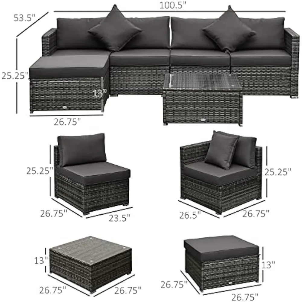 6 Piece Patio Furniture Set  Wicker All Weather PE Rattan Sectional Sofa Set, and Tempered Glass Table,Mixed Gray and Charcoal