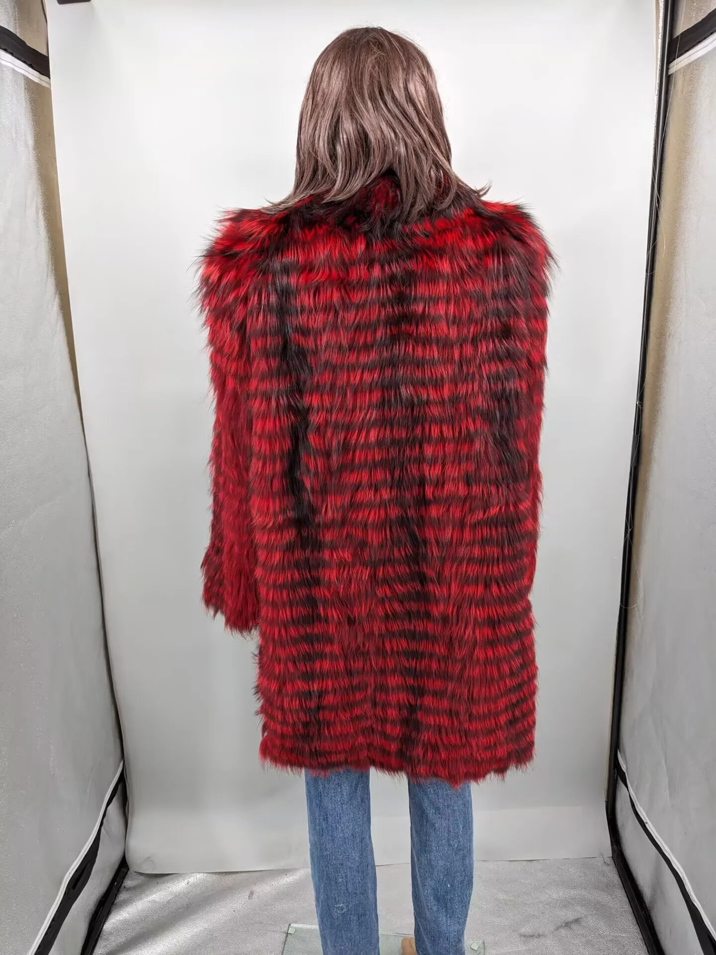 Women's Striped Real Silver Fox Fur Coat, Long Cardigen with Wool Lining, Big Size Clothes, Elegant Outwear, Spring, Lux18A09164