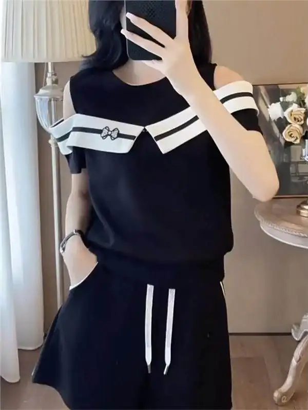 Elegant Summer Shoulder Bared Casual Women's Fashion Set Two Piece Suite Age Reducing High End Feelings Short Sleeve round Neck