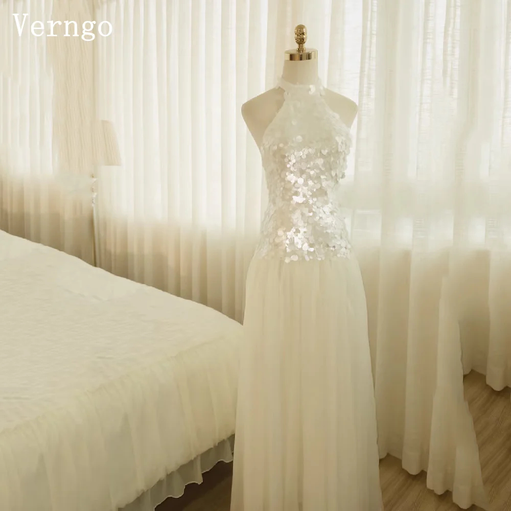 Verngo Luxury Sequined Halter Wedding Dress A Line Chiffon Pleated Prom Bride Dresses Elegant Maxi Bridal Gown Customized