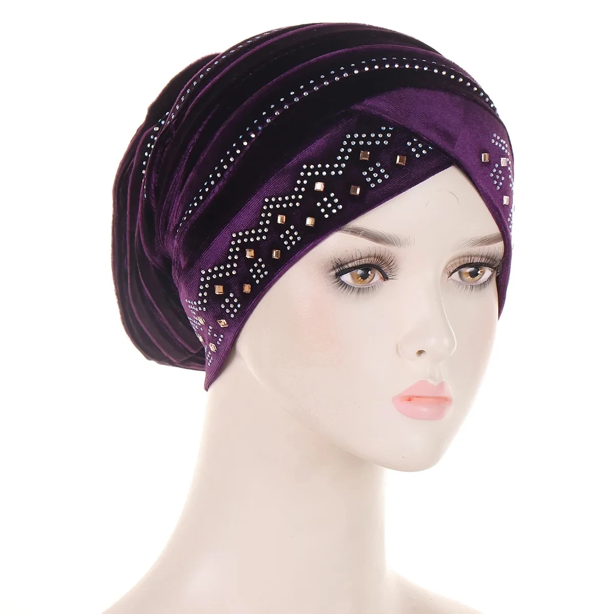 Glitter Diamonds Pleated Turban Cap Women Soft Velvet Head Wraps Caps Muslim Headscarf Bonnet Female Beanie Pullover Cap