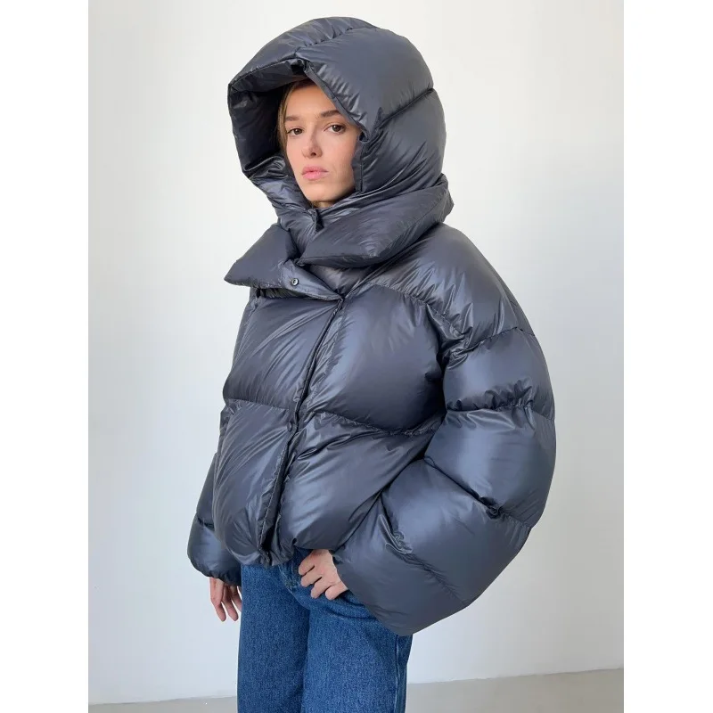 Women's Jacket Winter Short Styles Hooded Cotton-padded Clothes Loose Long Sleeves Thicked Warm Hidden Button Design Women Coat