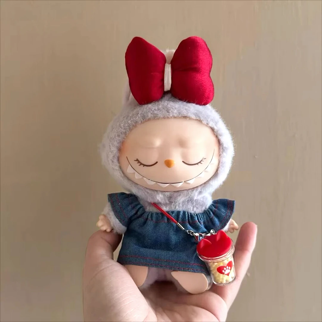 For 17cm Labubu Doll Denim Skirt Red Bow Hair Clip Small Pendant Doll Clothes Color Match Labubu Accessories Labubu Ropa