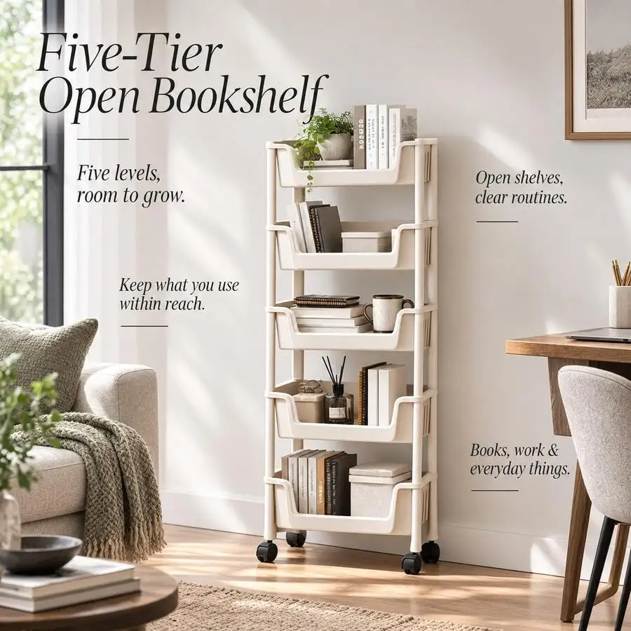 5 Tier Rolling Storage Cart With Wheels, Tall Narrow Organizer Cart For Bathroom, Bedroom, Kitchen, Laundry Room, Office & Home Storage