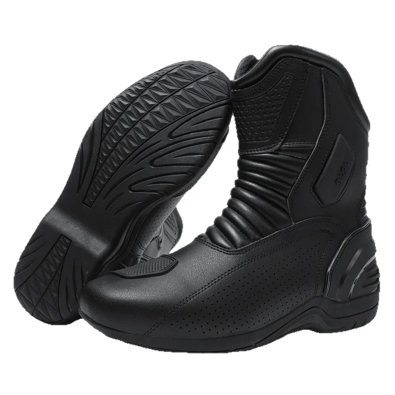 

Черные мотоциклетные ботинки для мужчин, водонепроницаемые, кожаные, с противоскользящей подошвой, для городских поездок, дышащие, повседневные, для байкеров.