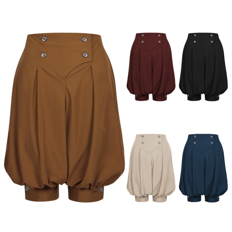 Medieval Pirate Bloomers Pants for Men&Women,High Waist Double Breasted Buttons Halloween Court Cosplay Performance Cropped Pant