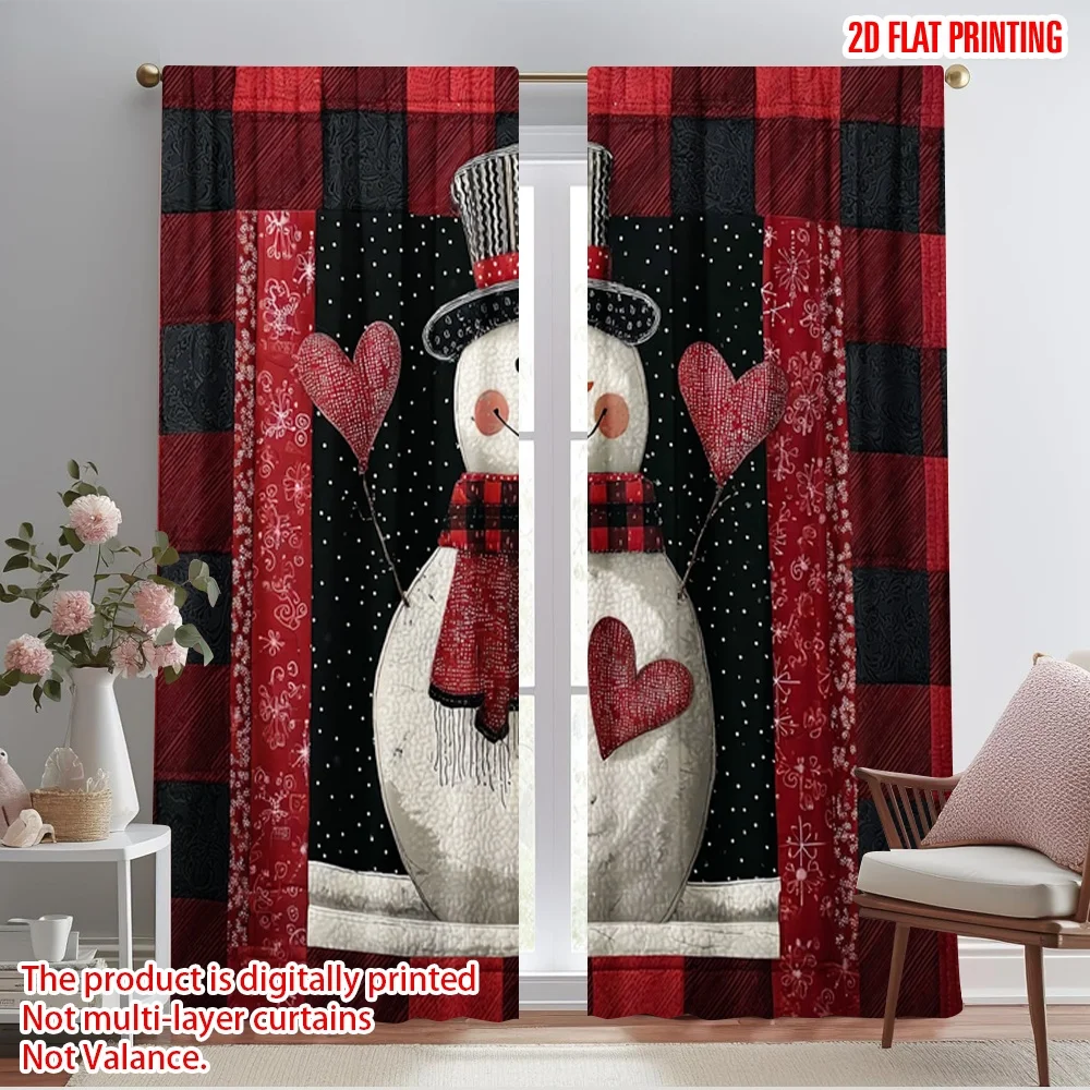 2pcs,2D plane printing Minimalist Curtains Small house style Christmas snowman Durable 100% Polyester Fabric (without rod)