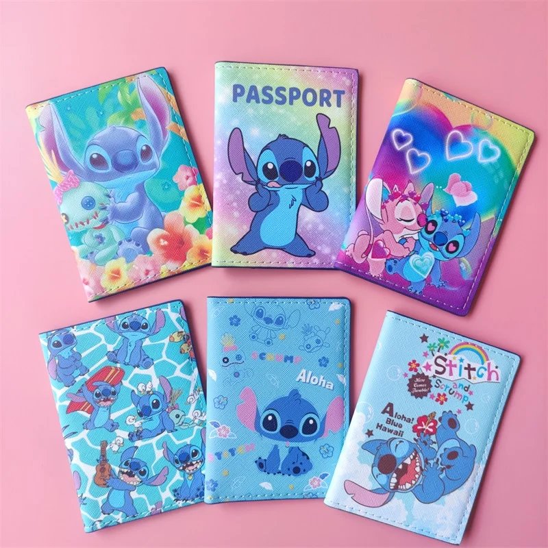 Disney Stitch Cartoon Passport Cover Travel PU Leather ID Bank Card Bag Boy and Girls Passport Holder Credit Card Case