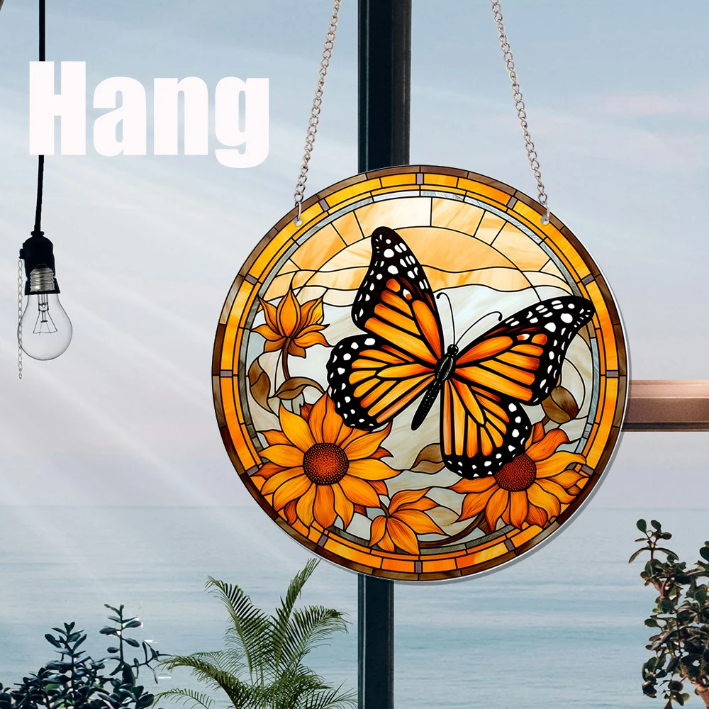 1 pc diy flower with Butterfly Pattern Suncatcher Wall Sign Round Dyed Acrylic Art Hanging Plaque Pendant For Baby Room Decor