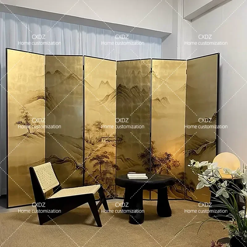 Hand Painted Landscape Lacquer Screen Room Divider for Living Room Office Mobile Photography Prop Chinese Gold Foil