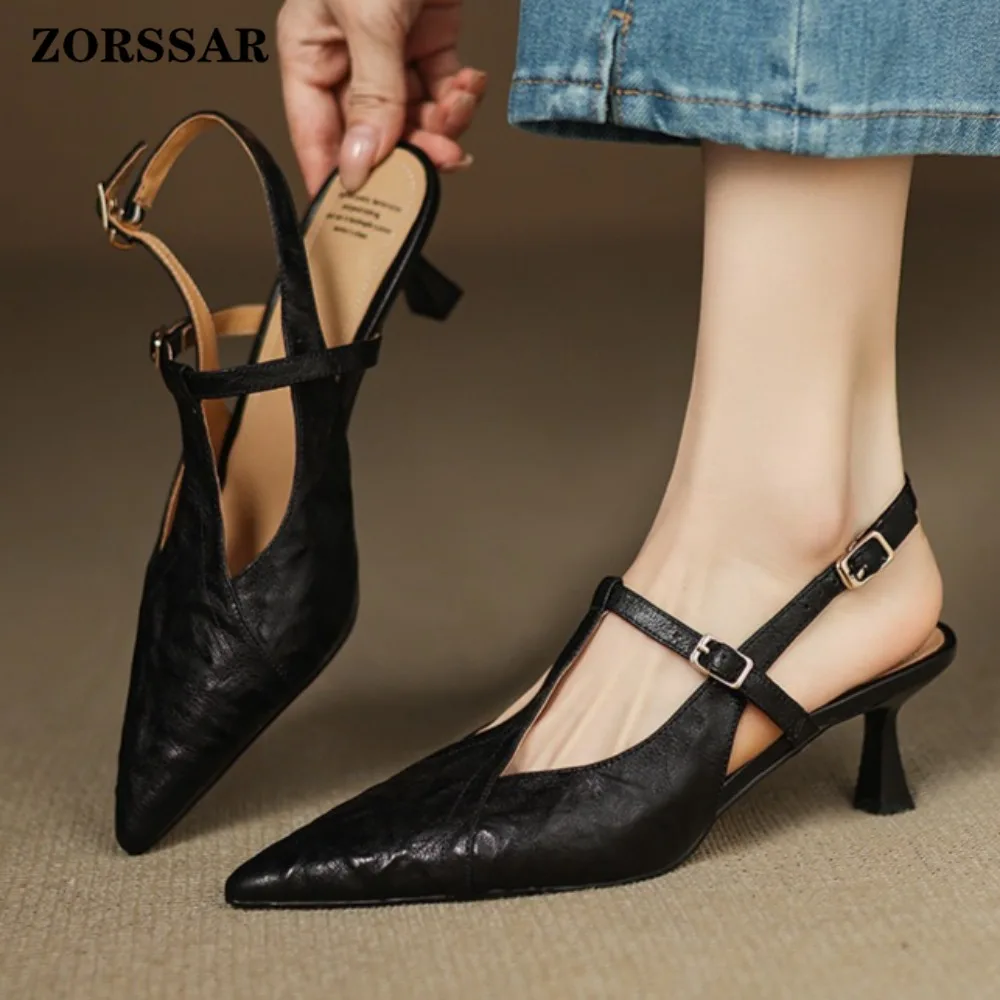 Women's Pointed Toe T-Strap Slingback Heels, Leather Kitten Heel Pumps, Buckle Strap Office Sandals, High Heel Dress Shoes