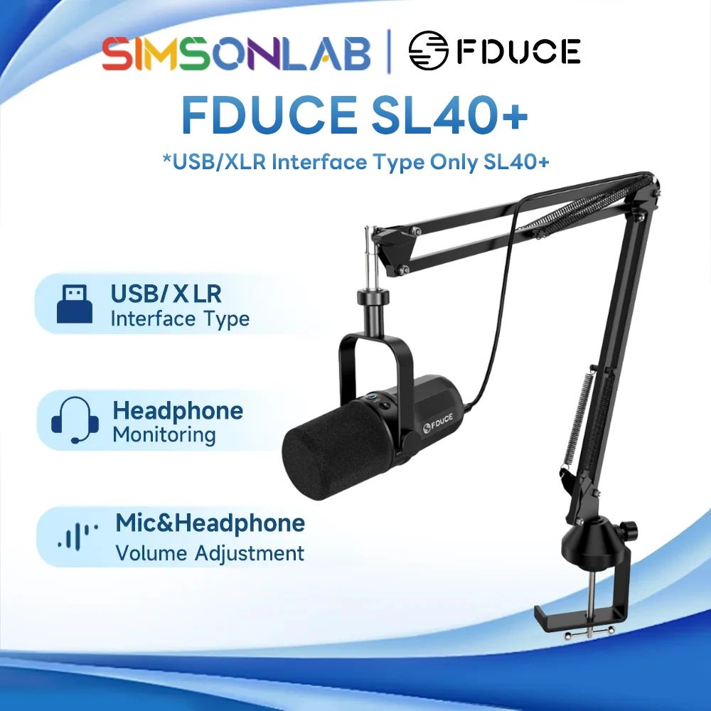 FDUCE SL40+ USB/XLR Dynamic Microphone Kit With Arm Stand/Built-in Headset Output / Sound Insulation,For PC PS5/PS4 Mixer