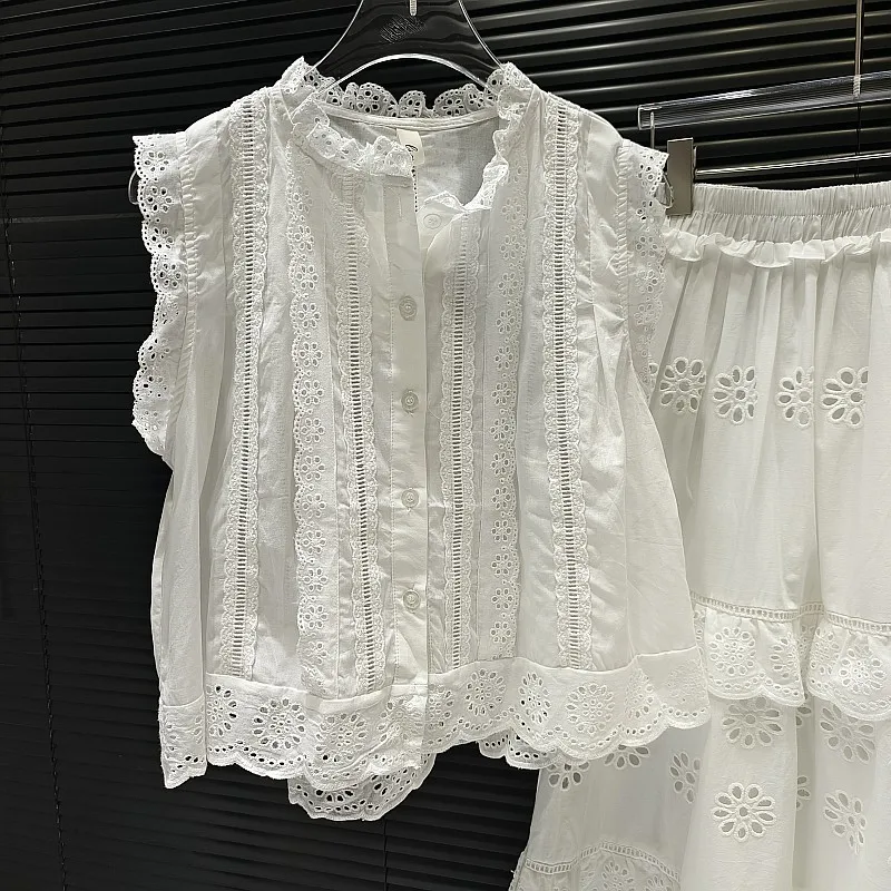 Embroidery Hollow Out 2 Piece Set Women Button Sleeveless Blouse+Ruffle Long Skirts Summer Elegant Casual Holiday Lace Trim Sets