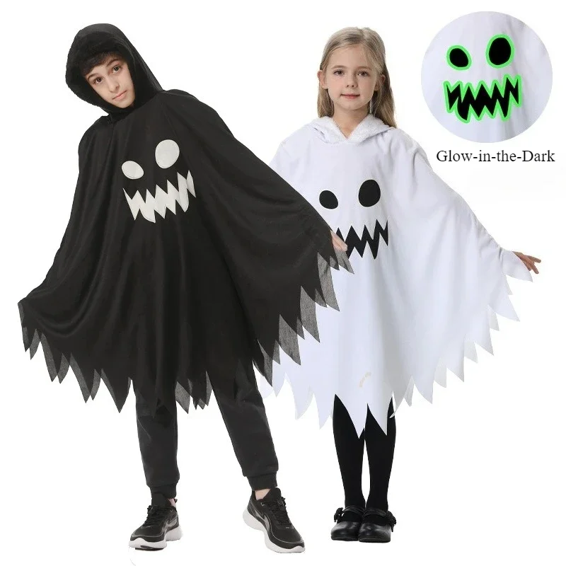 

Glow in the Dark Ghost Cosplay Cape for Girls Boys Black White Halloween Trick or Treat Carnival Party Stage Performance Costume