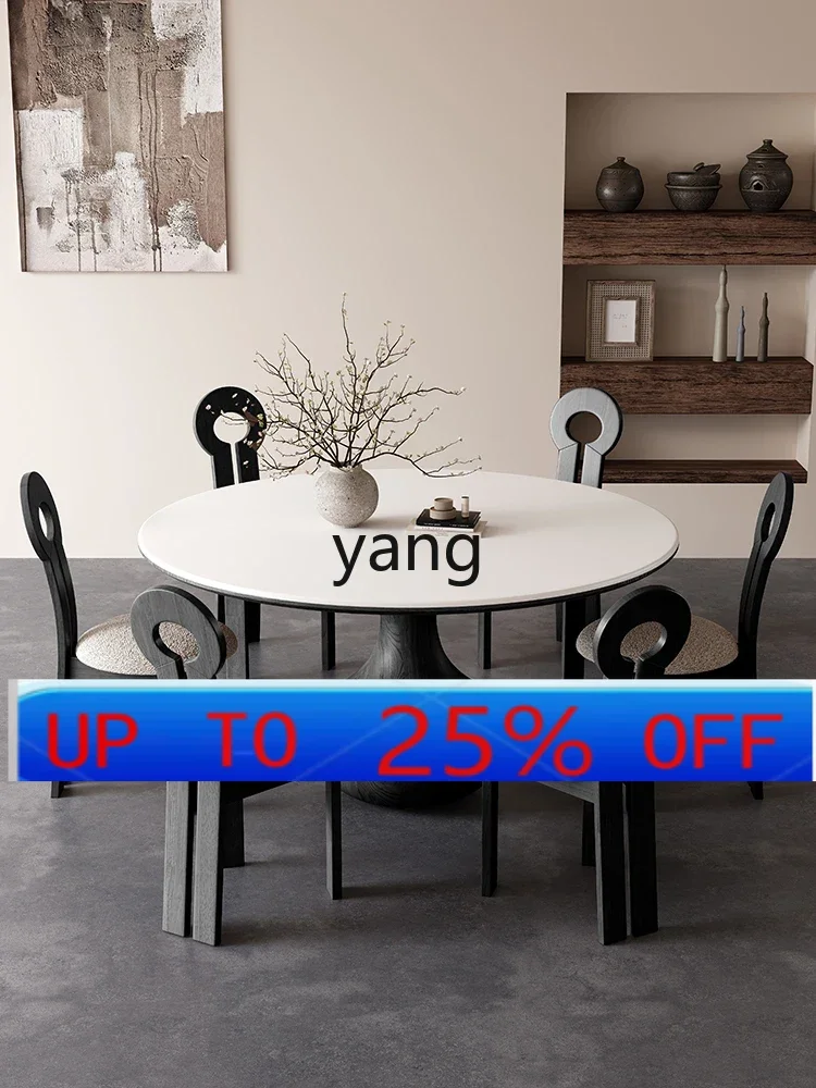 

ltt retro wind rock slab dining table with turntable household small apartment black modern simple solid wood round table